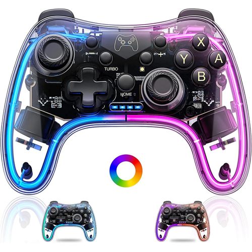 Manette Switch Sans Fil, Contrôleur Sans Fil Transparent Pour Switch/Switch Lite/Switch Oled/Ios/Android/Windows Wireless Pro Controller Avec Rgb/Fonction De Réveil/Turbo Réglable Et Vibration