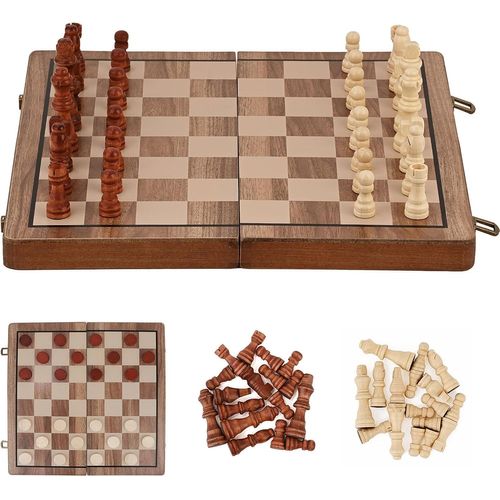 Jeu D'échecs Pliable Magnétique De Voyage,Jeu Portable,Jeu D'échecs International 2 En 1 Pour Enfants,Adultes (39 X 39 Cm) (Noyer)