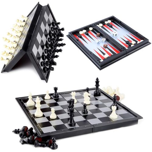 Echecs/Dames/Backgammon 3 En 1 Ensemble,Portable Pliant Voyage Magnétique Échiquier Pour Enfants (25x25x2cm)