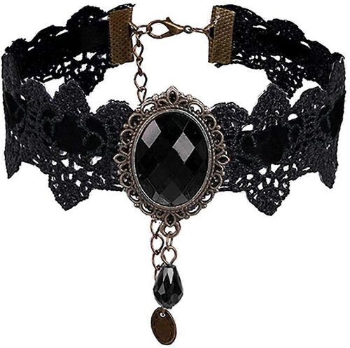 Rétro Fait À La Main Artisanat Dentelle Royal Court Vampire Ras De Cou Gothique Collier Bracelet Noir Pendentif Chaîne