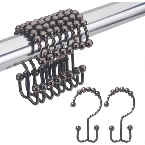Crochets de rideau de douche Anneaux,Crochets de douche en métal résistant à la rouille Double Glide pour rideaux de tringles de douche de chambre,lot de 12 anneaux en bronze
