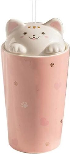 Tasse À Café Pour Chat Avec Paille,Tasse De Voyage En Céramique Avec Couvercle 3d Pour Chaton,Thé Réutilisable,Lait,Thé À Bulles