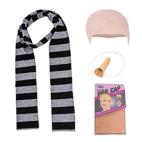 Adultes Moi,Moche Et Méchant Gru 4pcs Cosplay Costume Accessoires Halloween Fête Noir Gris Rayé Écharpe Faux Nez Tête Chauve Perruque Cap Set