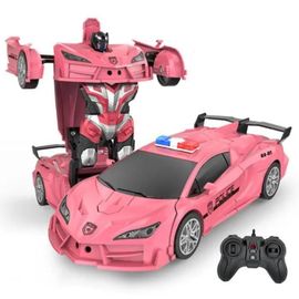 2 en 1 RC Transformateurs Jouet, 1:18 Voiture Robot Transformable Télécommandée 2,4GHz avec Lumière LED et Dérive Rotative, Rose