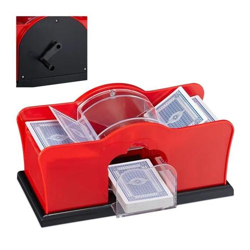 Relaxdays Mélangeur de cartes, manuel, 2 jeux, avec manivelle, pour cartes à jouer jusqu¿à 91 mm, plastique, rouge/noir