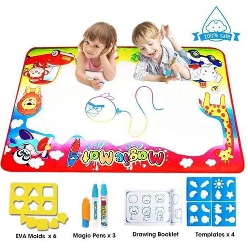 Tapis Aqua Magic Doodle Mat Enfant, 86*57cm 4Coloré Tapis Doodle,3Stylos &1EVA Graphique & 6 Timbres, Jouets éducatifs pour Enfants