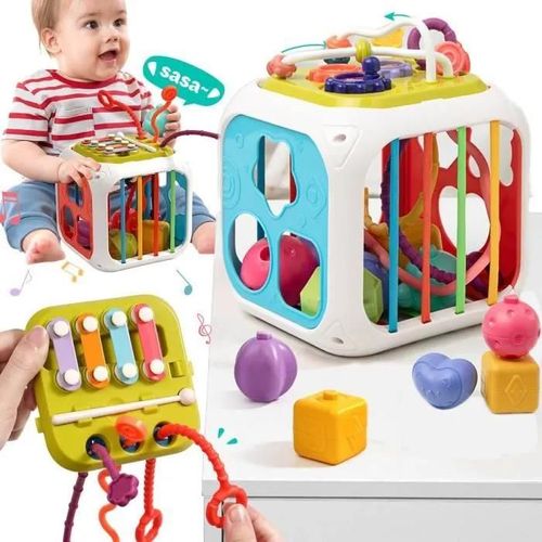 7 in 1 Montessori Sensoriel Jouets pour Bébé, Trieur de Formes, Cube d\'activité Avec xylophone, Jouet de Corde à Tirer pour Enfants