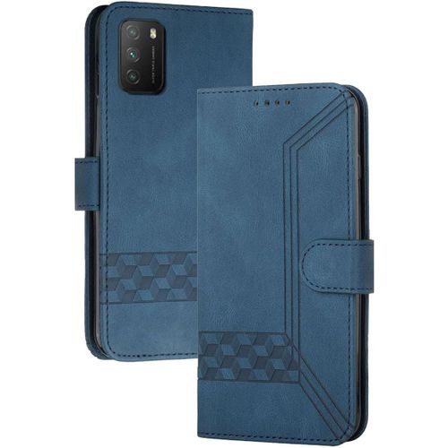 Coque Compatible Avec Xiaomi Poco M3,Anti-Choc Housse En Cuir Premium Flip Case Portefeuille Etui,Bleu