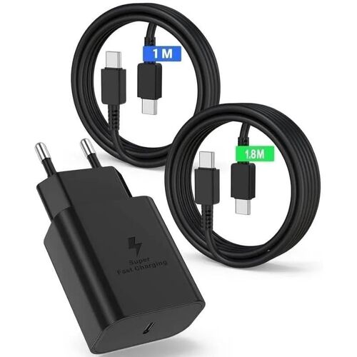 Chargeur Rapide USB-C 25W + Câble USB-C 1M+1.8M pour Samsung Galaxy S25 FE S25 Ultra S25 Plus - Noir - EFConnection