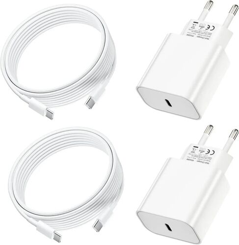 Lot de 2 Chargeur Rapide + 2 Câbles USB-C pour iPhone 17 Pro Max iPhone 17 Air iPhone 17 - Blanc - EFConnection