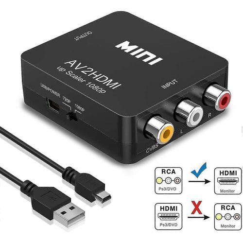 Convertisseur Rca Vers Hdmi,1080p Rca Pour Ps2 Wii Xbox Snes N64 Vhs Vcr Caméra Dvd,Prenant En Charge Pal/Ntsc Avec Câble D'alimentation Usb