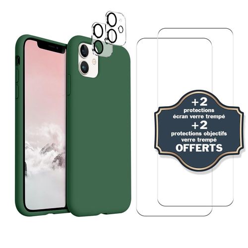 Coque Iphone 11 Vert Foret Silicone Liquide + 2 Protections Ecran Et 2 Protections Objectif