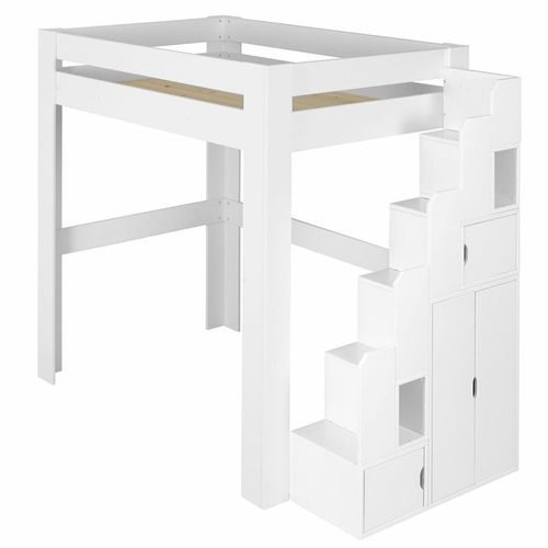 Lit Mezzanine 2 Places Avec Bureau Bois Massif Blanc 120x190 Cm