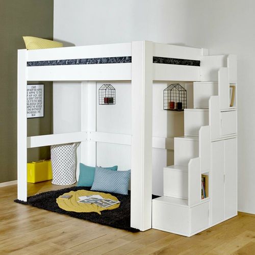 Lit Mezzanine 2 Places Bois Massif Blanc 140x190 Cm