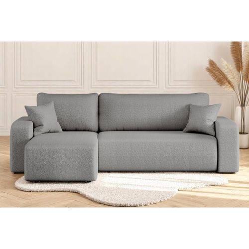 Canapé D'angle Convertible 4 Places En Tissu Bouclette Gris