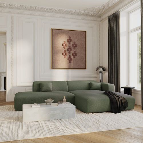 Canapé Angle Droit Ouvert Tissu Tramé Vert Olive 5 Places