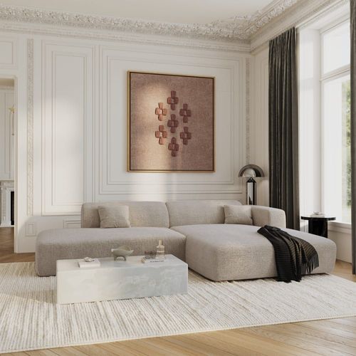 Canapé Angle Droit Ouvert Velours À Motifs Beige 5 Places