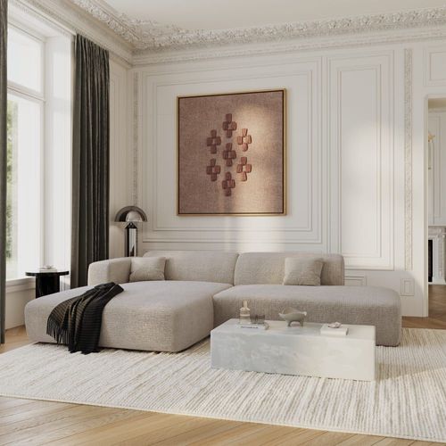 Canapé Angle Gauche Ouvert Velours À Motifs Beige 5 Places