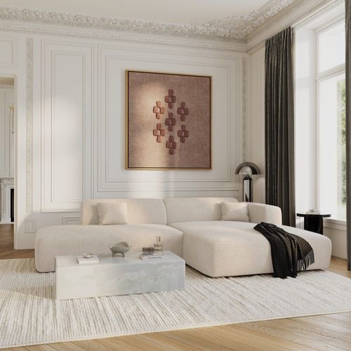 Canapé Angle Droit Ouvert Velours Côtelé Crème 5 Places