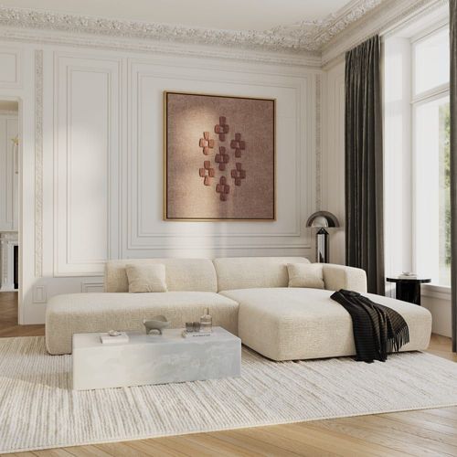 Canapé Angle Droit Ouvert Velours À Motifs Crème 5 Places