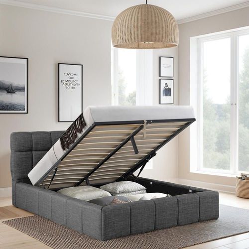 Lit Coffre En Tissu Gris Foncé 140x190 Cm