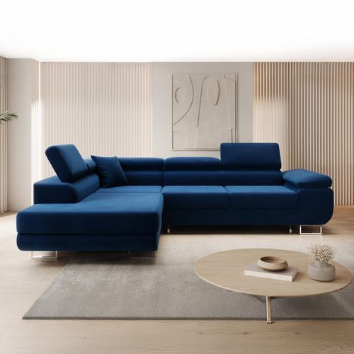 Canapé D'angle Gauche Convertible 6 Places En Velours Bleu