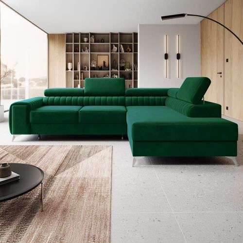 Canapé D'angle Droit Convertible 6 Places En Velours Vert
