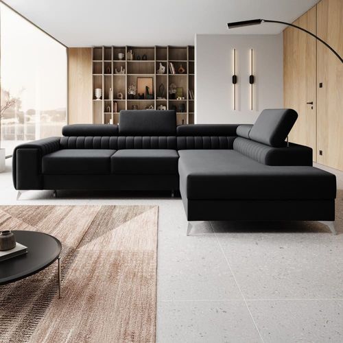 Canapé D'angle Droit Convertible 6 Places En Velours Noir