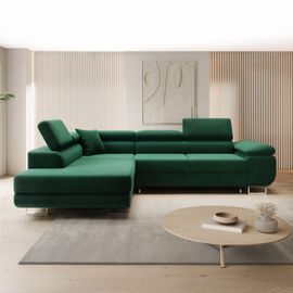 Canapé D'angle Gauche Convertible 6 Places En Velours Vert