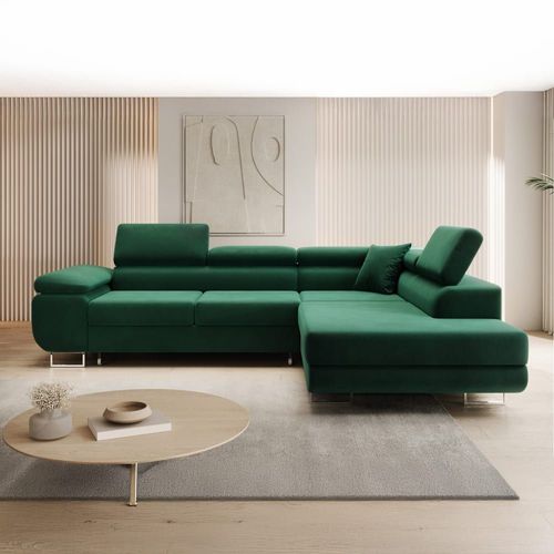 Canapé D'angle Droit Convertible 6 Places En Velours Vert