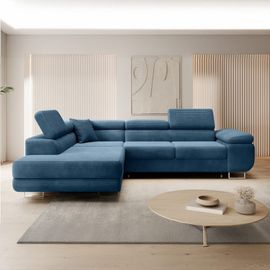 Canapé D'angle Gauche Convertible 6 Places En Velours Côtelé Bleu