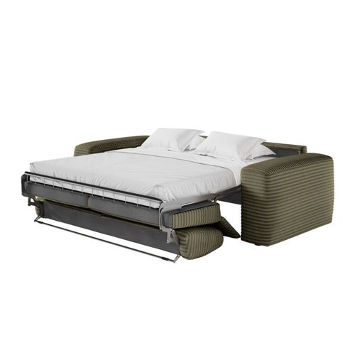 Canapé Convertible Couchage 140x190cm Matelas 17cm Velours Vert Kaki