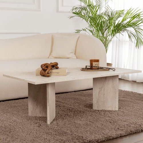 Table Basse Avec Plateau Rectangulaire L119 Cm - Effet Travertin