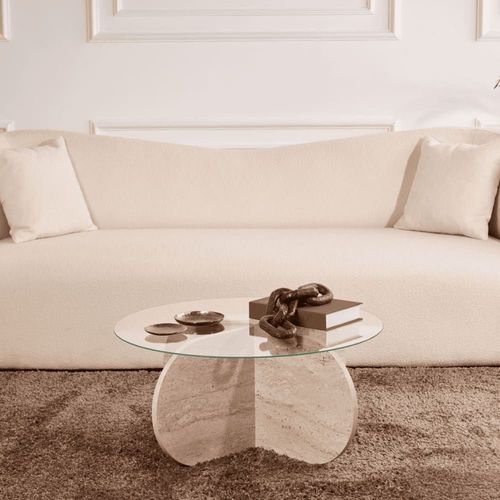 Table Basse Pieds Croisés Et Plateau En Verre D75 Cm - Effet Travertin