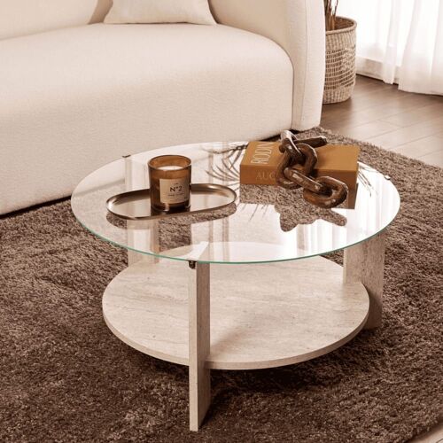 Table basse 2 plateaux 1 en verre trempé D75 cm - Effet Travertin