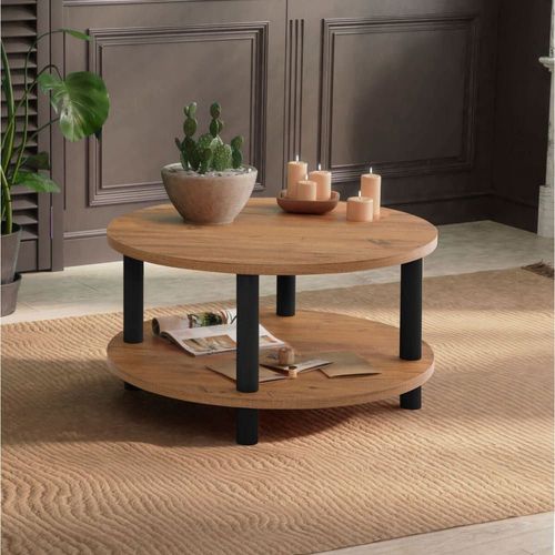 Table Basse Ronde 2 Niveaux D70 Cm - Effet Pin Atlantique