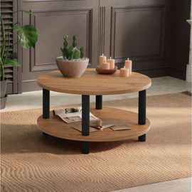 Table Basse Ronde 2 Niveaux D70 Cm - Effet Pin Atlantique/ Noir