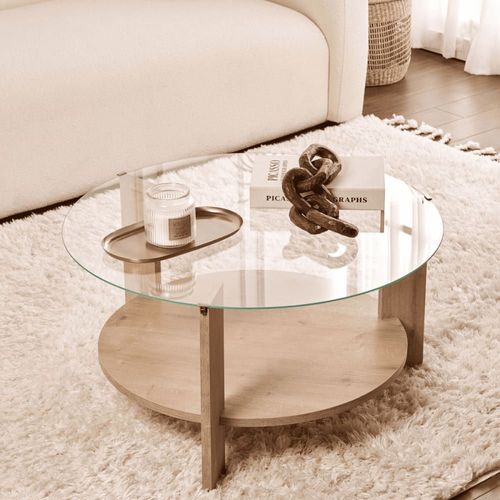 Table Basse 2 Plateaux 1 En Verre Trempé D75 Cm - Effet Chêne