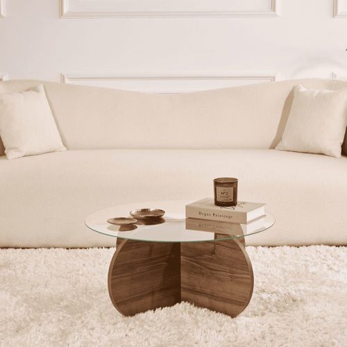 Table Basse Pieds Croisés Et Plateau En Verre D75 Cm - Effet Noyer