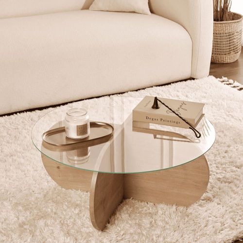Table Basse Pieds Croisés Et Plateau En Verre D75 Cm - Effet Chêne