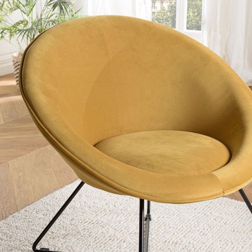 Fauteuil Tissu Velours Jaune Moutarde Pieds Croisés Métal Noir