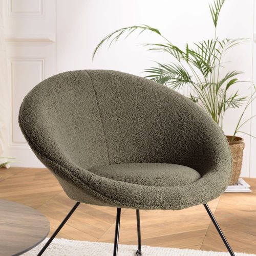 Fauteuil Tissu Bouclette Vert Kaki Pieds Croisés Métal Noir
