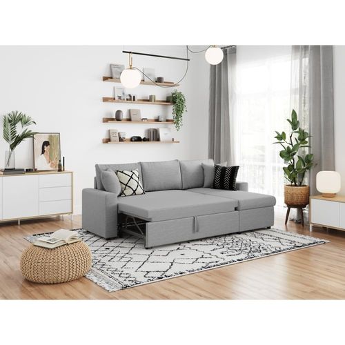 Canapé D'angle Convertible Coffre Marron En Tissu - Gris Clair
