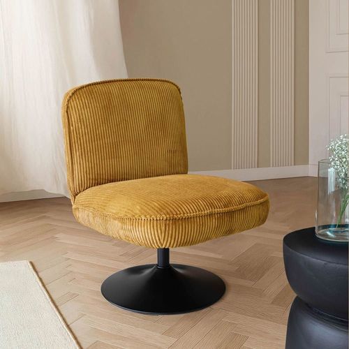 Fauteuil Pivotant En Velours Jaune Et Pied En Métal Noir