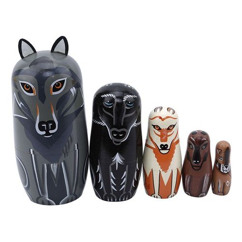5 Pcs/Ensemble Nouveau Mignon En Bois Animal Loup Peinture De Nidification Poupées Poupée Russe Matriochka Cadeau Peinture À La Main De Jouet Décoration Enfants Cadeaux