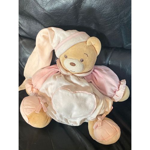 Peluche doudou ours brun kaloo rose et blanc fleurs kaloo 30cm