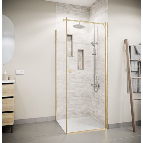 Porte de Douche Pivotante 70x180cm et Retour 80cm - Verre 8mm Anticalcaire - Profil Or Brosse