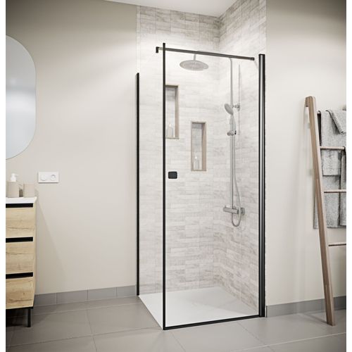 Porte de Douche Pivotante 90x180cm et Retour 80cm - Profil Noir - Verre 5mm - DARK ELEMENTARY