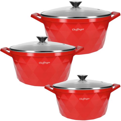Ensemble De 3 Marmites 20 / 24 / 28 Cm Motif Diamant Avec Poignées Et Couvercles Cheffinger Rouge