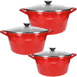 Ensemble De 3 Marmites 20 / 24 / 28 Cm Motif Diamant Avec Poignées Et Couvercles Cheffinger Rouge